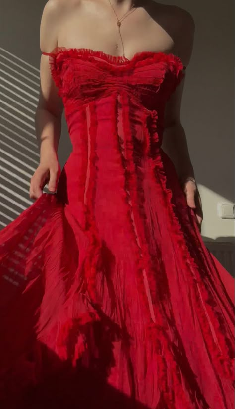 Pearls With Red Dress, Dark Red Flowy Dress, Midsummer Dress, Ghost Clothes, Red Flowy Dress, Idol Aesthetic, Special Outfits, Forever In Love, Black Tie Dress