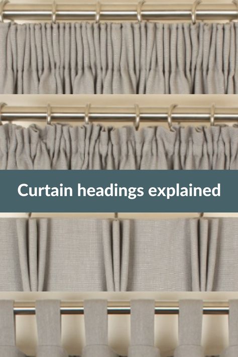 Explanation of the different types of #curtain headings. Curtain Tops Ideas, Different Type Of Curtains, Curtain Top Styles, Curtain Headings Styles, Curtain Types Style, Types Of Curtains Style, Different Curtain Styles, Parisian Chic Bedroom, Different Types Of Curtains