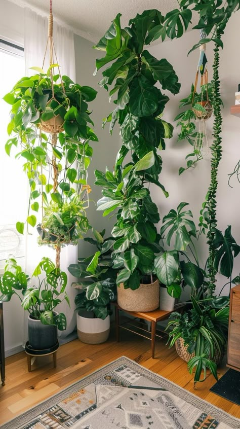 Indoor garden with tall leafy greens and small bushy plants in a bright room, creating a serene atmosphere. Vision Board Plants Aesthetic, Green House Plants Aesthetic, House With A Lot Of Plants, Healthy Indoor Plants, Plants In House Decor, Good Bedroom Plants, Spiritual Plants For Home, Apartment Inspiration Plants, Draping Plants Indoor