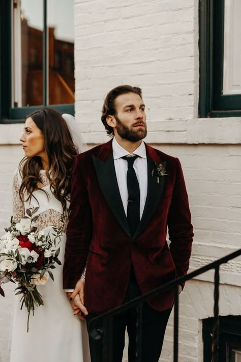 Moody Wedding Menswear, Groomsmen Attire Velvet, Moody Groom Attire, Dark And Moody Groomsmen Attire, Moody Wedding Groomsmen, Moody Groomsmen Attire, Maroon Tuxedo Wedding, Black Maroon Wedding, Maroon Groomsmen Attire