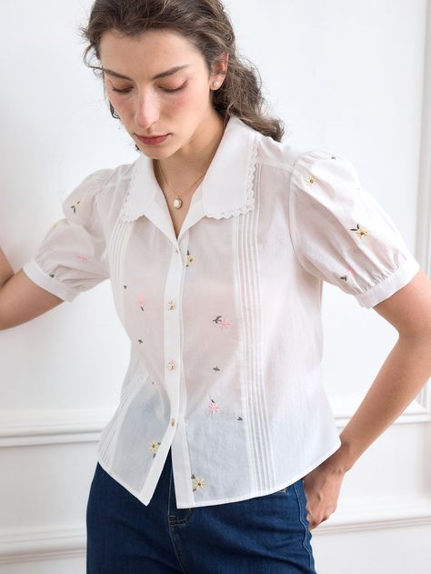 Ditsy Embroidery, Puff Sleeve Shirt, Simple Retro, Embroidery Top, Women Blouses, Retro Floral, Ditsy Floral, White Casual, Floral Shirt