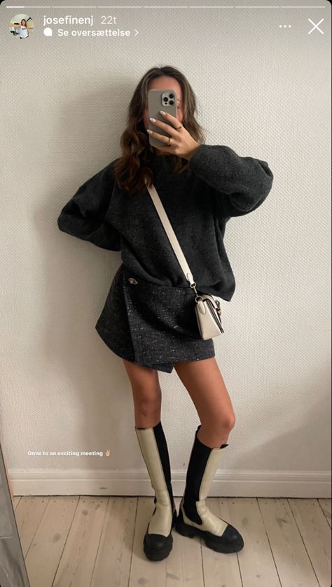 #scandinavian #scandi #scandistyle #stockholm #stockholmstyle #copenhagen #copenhagenstyle #streetstyle #streetwear #djerfavenue #boots #ganni #ganniboots #woolskirt Ganni Knee High Boots Outfit, High Chelsea Boots Outfit, Ganni Boots Outfit, Ganni Boots, White Boots Outfit, Chelsea Boots Outfit, White Boots, Boots Outfit, Tall Boots