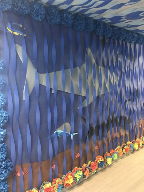 Shark Week Decorations, Under The Sea Office Decor, Under The Sea Diy Decor, Diy Shark Decorations, Scuba Vbs Trunk Or Treat, Scuba Vbs Decorations Diy, Beach Theme Hallway, Ocean Themed Decorations, Lava Lava Luau Vbs Decorations