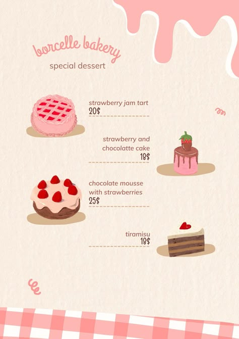 Ideas For Menu Design, Mini Menu Design, Pastel Menu Design, Bake Sale Advertising Ideas, Dessert Flyer Design, Cake Menu Design Ideas Template, Menu For Bakery, Baking Menu Design, Bakery Template Design