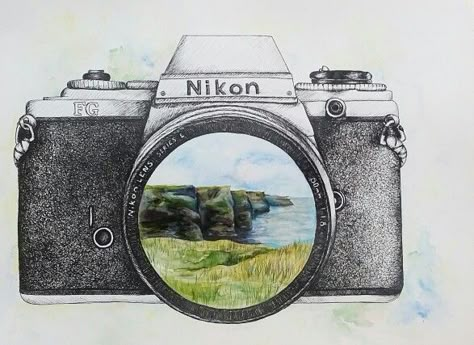 Pen&Ink/Watercolor Nikon camera   (Cliffs of Moher, Ireland) Painting Of A Camera, Camera Drawing Art Creative, Sketch Of A Camera, Drawing A Camera, Camera Watercolor Painting, Camera Lense Drawing, Photography Drawing Camera, Camara Drawings, Cliffs Of Moher Tattoo