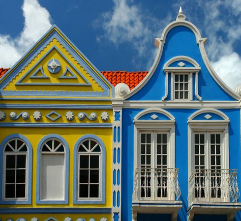 aruba architecture - Google Search Aruba Island, Oranjestad Aruba, Dear World, Caribbean Homes, Oranjestad, Lesser Antilles, Blue Cottage, Island Decor, Colourful Buildings