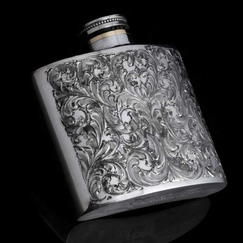 Sterling Silver handmade and engraved Whiskey flask. The substantial piece will hold up to 5oz. of your favorite liquor. Stock# FLASK Flask Aesthetic Alcohol, Alcohol Flask Aesthetic, Flask Aesthetic, Antique Flask, Alcohol Flask, Engraved Flask, Flask Design, Whiskey Flask, Liquor Flask