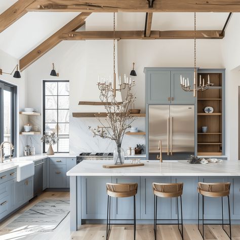 Charming Modern Soft Blue Farmhouse [Kitchen Concept] Light Blue And Oak Kitchen, Dusty Blue And White Kitchen, Kitchen With Wooden Beams, Modern Farmhouse Kitchens Blue, Light Blue Kitchen Ideas, Blue Farmhouse Kitchen, Couch Wall Decor Ideas, Coastal Farmhouse Living Room, Blue Cabinetry