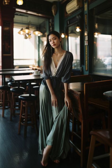 Beautiful Asian woman dressed in modern ethereal outfit in a cafe Flowing Outfits Classy, Ethereal Work Outfit, Casual Ethereal Essence, Everyday Goddess Style, Relaxed Feminine Style Outfit, Ethereal Essence Accessories, Dreamy Casual Outfit, Everyday Ethereal Outfits, Ingenue Clothing Style