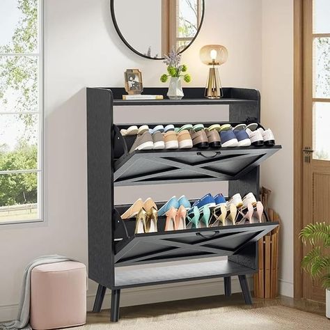 Amazon.com: Omelaza Shoe Storage Cabinet with 2 Flip Drawers, Farmhouse Slim Shoe Cabinet, Freestanding Organizer with Metal Legs for Entryway, Narrow Shoe Rack Cabinet, Black : Home & Kitchen Shoe Storage Design, Small Shoe Rack, Slim Shoe Cabinet, Narrow Cabinet, Materials And Structures, Stackable Shoe Rack, Shoe Organizers, Shoe Rack Entryway, Shoe Storage Solutions