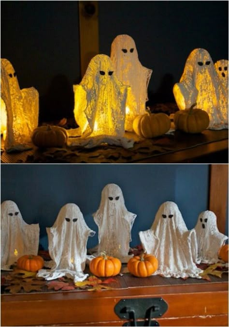 You can really spook up your porch with a few small ghosts made from cheesecloth. Make them whatever size you need and if you want something great for a foyer table, these work well. Diy Halloween Dekoration, Cheap Diy Halloween Decorations, Hallowen Ideas, Diy Halloween Decor, Adornos Halloween, Cheap Halloween, Halloween Tags, Easy Diy Halloween, Theme Halloween