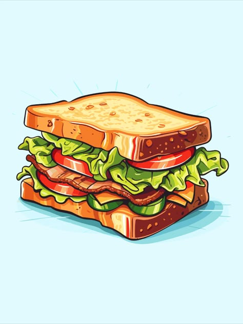 blt sandwich vector illustration. clean line and cool color clip art for menu, poster, web Food Graphics Illustration, Sandwich Illustration Drawing, Food Illustrations Vector, Food Art Drawing Illustration, Sandwich Poster Design, Sandwiches Illustration, Lunch Drawing, Cartoon Food Art, Sandwich Cartoon