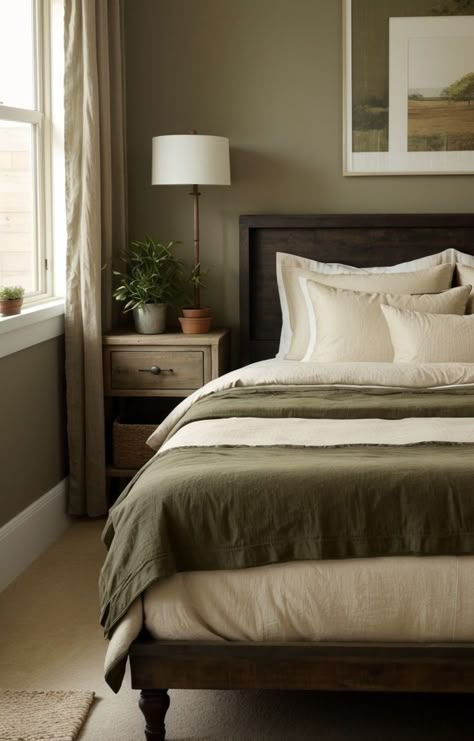 Green Comforter Bedroom, Earthy Tones Aesthetic, Wood And Plants, Olive Bedroom, Olive Green Bedrooms, Brown Rooms, Earthy Bedroom, Sage Green Bedroom, Wooden Bed Frame