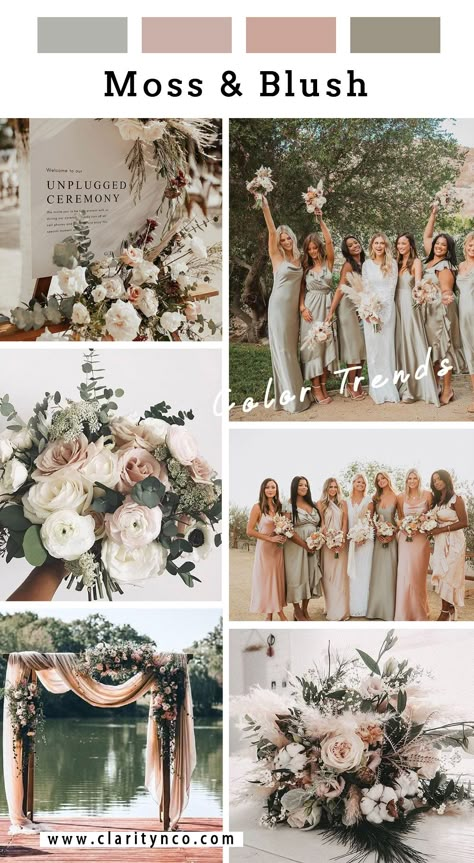 romantic moss green and blush wedding color palette for brides Sage Green Blush Beige Wedding, Sage Champagne Wedding Color Palettes, Green And Champagne Wedding Decor, Champagne And Sage Green Wedding, Sage Wedding Colors, Blush Wedding Colors, Wedding Theme Color Schemes, Wedding Color Pallet, Beach Wedding Colors