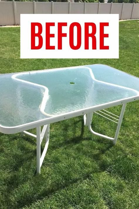 Upgrade your patio glass table with this quick table upcycle DIY idea. Before and after outdoor table makeover idea on a budget. Glass Table Makeover, Outdoor Glass Table, Table Upcycle, Old Wood Table, Diy Patio Table, Patio Furniture Makeover, Diy Outdoor Table, Outdoor Table Tops, Upcycle Diy