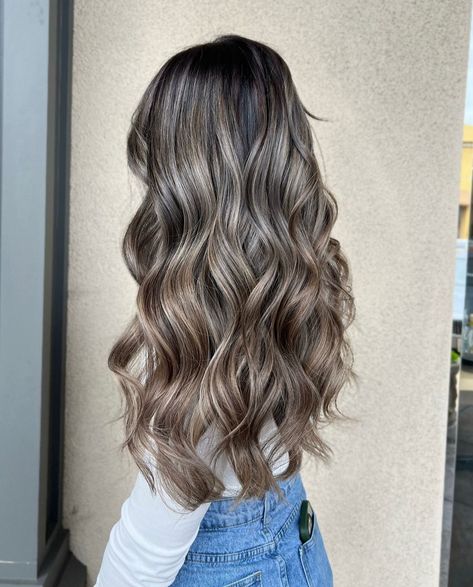 Black And Blonde Balayage Long Hair, Ashy Blonde Foils On Brown Hair, Silver Brown Balayage, Ash Foils On Dark Hair, Pretty Hair Highlights, Highlights And Lowlights For Brunettes Dark, Icy Brunette Highlights, Dark Brown Hair With Icy Blonde Highlights, Blonde Ash Balayage On Dark Hair