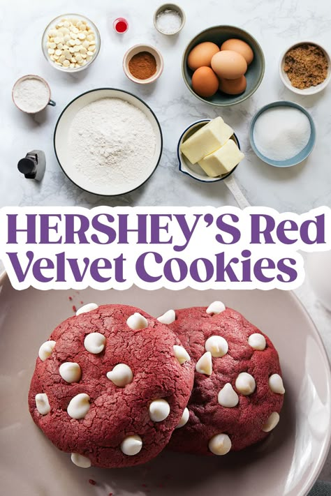 hershey's red velvet cookies Red Velvet Cream Cheese Cookies Recipe, Cream Cheese Baking Chips, Red Velvet Cookies With Cream Cheese Chips, Cream Cheese Chips Cookies, Hersheys Cream Cheese Chips, Cream Cheese Chipits Recipes, Cookies With Cream Cheese Chips, Red Velvet Cream Cheese Cookies, Red Velvet Cookies With Cream Cheese