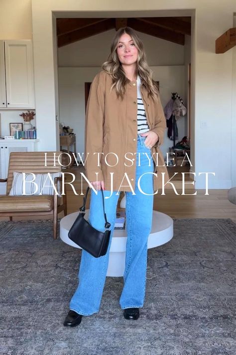 Looking for trendy fall jackets? Sharing how to style a barn jacket with a classic striped tee and denim! The barn jacket is a new fall jacket style that is so easy to style for cute, everyday outfits You can shop each of these looks including barn jackets in all price ranges on my LTK. Tap to shop! Barn Jackets For Women Outfit, Barn Jackets For Women, Barn Jacket Outfits 2024, Barn Jacket Outfits, Trendy Fall Jackets, Oyster Roast, Barn Jacket, A Barn, Cold Weather Outfits