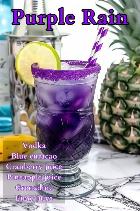 The Purple Rain cocktail is more than just a drink; it’s a vibrant celebration in a glass. Named after Prince’s iconic song and combining a dazzling array of flavors, this cocktail mixes blue curacao and grenadine to get a beautiful shade of purple. Ideal for festive occasions or when you simply want to impress, the Purple Rain is a surefire way to add a splash of color and excitement to any gathering. Drinks For Parties Alcoholic, Purple Rain Drink Cocktails, Purple Mimosa Drink, Drinks To Make Alcoholic, Purple Vodka Cocktails, Purple Mixed Drinks Alcohol, Amf Drink Recipe, Alcohol Mixed Drinks Recipes, Purple Cocktail Drinks