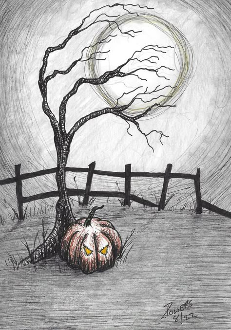 #halloween #holiday #pumpkin #tree #moon #creepy #spooky #pen #ink #fence #landscape Spooky Drawings Ideas, Halloween Drawing Ideas Scary, Spooky Sketches Easy, Halloween Drawings Doodles, Abandoned Drawing, Simple Pencil Art, Halloween Drawings Sketches, Creepy Halloween Drawings, Art Sketches Halloween