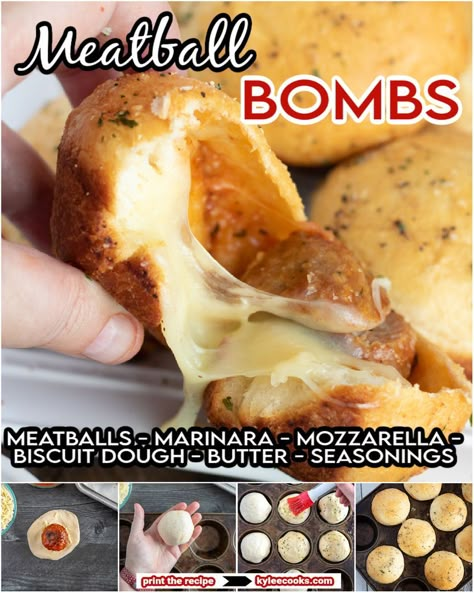 Just a few ingredients and these Meatball Bombs are ALL YOURS. Cooked meatballs are dipped in marinara, then encased (with cheese) in biscuit dough, brushed with flavorful garlic butter, and baked. Easy Meatball Bombers, Meatball In Biscuit, Meatball Bombers Recipe, Meatball Biscuits, Baked Meatball Subs, Meatball Cupcakes, Meatball Appetizers, To Simply Inspire, Garlic Meatballs