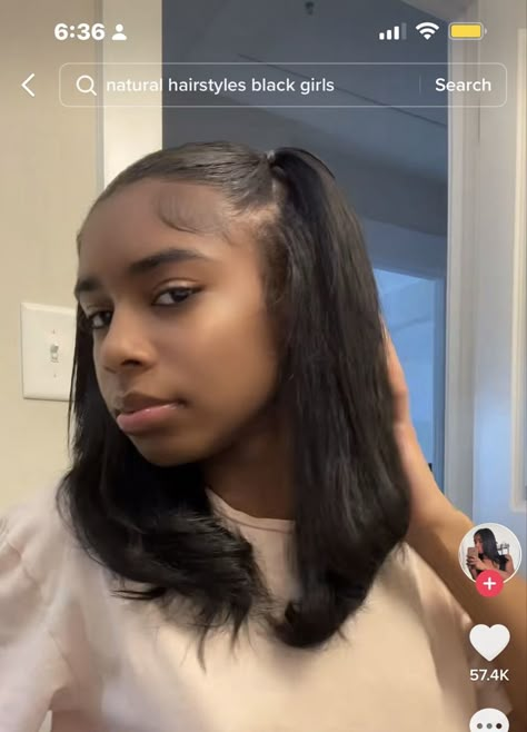 Hairstyles For Medium Length Hair Silk Press, Half Up Half Down Hair Natural Straight, Black Silk Press Hairstyle, 2 Ponytails Half Up Half Down Natural Hair, Straighten Hairstyles For Black Hair Short, Silk Press Ideas, Silk Press Natural Hair Hairstyles, Slik Press Hairstyles For Black Women, Short Straight Hair Hairstyles