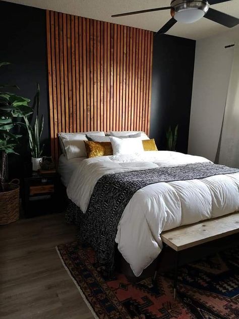 Luxury Black Bedroom, Wood Panel Bedroom, Wall Behind Bed, Feature Wall Bedroom, Wall Panels Bedroom, Slatted Headboard, House Bedrooms, Sliding Gate, Accent Wall Bedroom