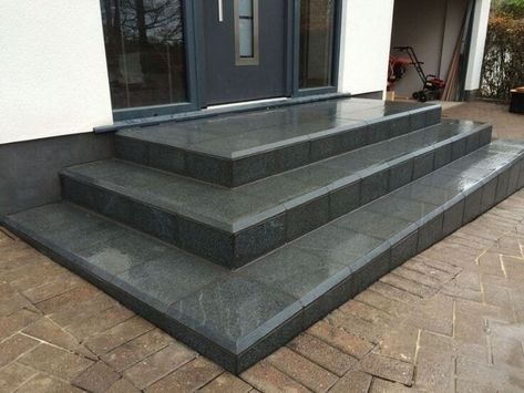 Entrance Granite Steps Design, Tiles For Steps Stairways, Granite Staircase Design, Exterior Transformations, Stone Porch, Granite Steps, Granite Stairs, Front Door Steps, Front Stairs