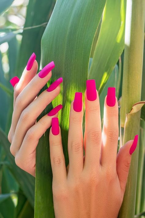 Matte Hot Pink Nails Coffin, Dark Pink Matte Nails, Pink Matte Nails Coffin, Hot Pink Matte Nails Design, Pink Matte Nails Design, Matt Pink Nails, Hot Pink Matte Nails, Dark Pink Nails Designs, Pink Nails Matte