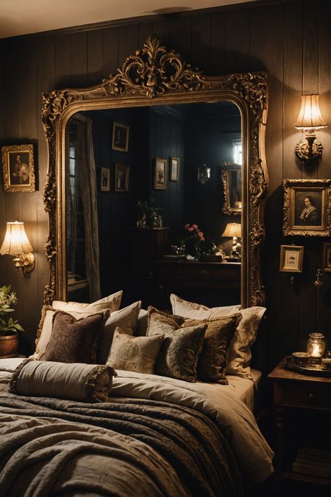 25 Dark Cottagecore Bedroom Ideas – ToolzView Dark Academia Boho Bedroom, Dark Guest Bedroom Ideas, Mirror On Bedside Table, Dark Academia Master Bedrooms Decor, Dark Parisian Bedroom, Dark Black Academia Aesthetic, Dark Victorian Bedroom Aesthetic, Bedroom Ideas Victorian, Dark Royal Bedroom