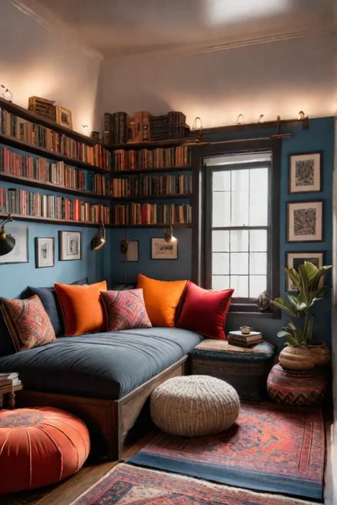 Eclectic mix of books and artifacts in a cozy space Cosy Reading Room Ideas, Attic Lounge Ideas, Small Den Ideas, Reading Room Ideas Cozy, Lounge Nook, Small Home Library Room, Home Decor For Small Spaces, Cozy Reading Room, Small Home Library