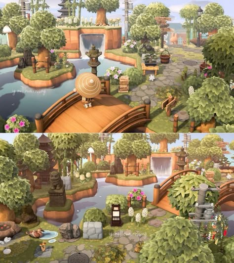 Acnh Japanese, Cottagecore Animal Crossing, Lake Animals, Animal Crossing Island Inspo, Japanese Town, Acnh Cottagecore, Japanese Animals, Japanese Forest, Animal Crossing 3ds