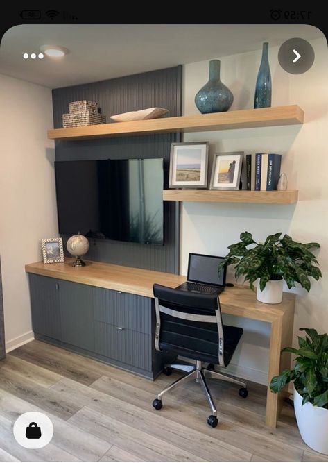 Refreshing Room Ideas, Office Guest Room Combo L Shaped Desk, Office Guest Room Combo With Tv, Small Study Storage Ideas, Tv And Desk Combo, Small Tv Room Office Combo, Office Space Bedroom Combo, Awkward Loft Space Ideas, Tv Desk Combo