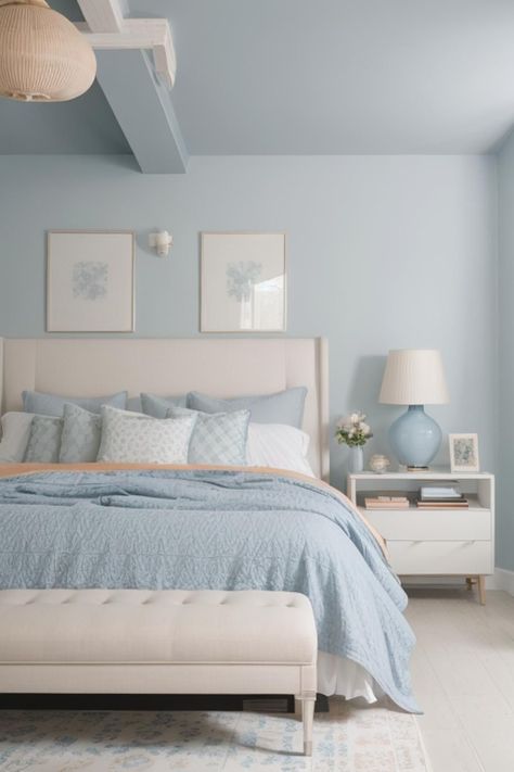 ☾~.~☕️follow me☕️~.~☾ Egg Shell Blue Bedroom, White And Blue Aesthetic Room, Light Blue Paint Bedroom, Serene Blue Bedroom, Blue Bedroom White Furniture, White And Blue Bedroom Aesthetic, Light Blue And White Room, Aesthetic Bedroom Blue, Blue White Bedroom Ideas