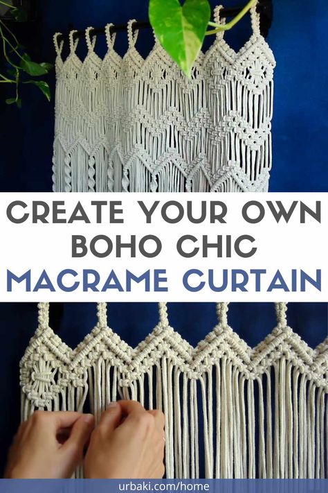 Create your own boho-style curtains with this macrame tutorial. Macrame curtains can add a touch of bohemian style to any home decor. Not only are they visually appealing, but they also offer privacy without completely blocking out natural light. Learn the basic knots and create a unique custom design to add a touch of bohemian style to any room. Follow the video tutorial and add an artistic touch to your home with these beautiful handmade curtains. Additionally, you can customize the size... Macrame Cafe Curtain, How To Make A Macrame Curtain, Macrame Curtain Pattern Free, Macrame Valance Pattern, Macrame Door Curtain Diy Patterns Free, Macrame Valance Diy, Macrame Curtain Diy Pattern Free, Free Macrame Patterns Tutorials Wall Hangings, Macrame Curtains Diy