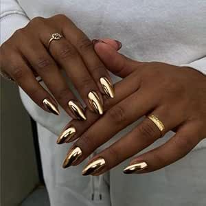 Gold Nails Chrome, Medium Stiletto Nails, Nails Metallic Chrome, Nails Metallic, Nails Medium Almond, Medium Stiletto, Gold Chrome Nails, Metal Glue, Nails Chrome