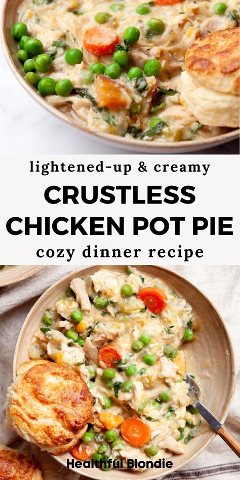 Everybody will love this cozy and comforting chicken pot pie soup! It’s ready in under 30 minutes, packed with protein, and made with rotisserie chicken and sweet potatoes - an easy and healthy one pot dinner recipe with chicken. No pie crust is needed! Chicken Pot Pie With Sweet Potatoes, Easy But Healthy Dinner Recipes, Healthy Dinners With Rotisserie Chicken, Healthy Chicken Pot Pie Recipe Low Carb, Chicken Pot Pie Bowl, Chicken Pot Pie Healthy Easy, Healthy Chicken Pot Pie Crockpot, Chicken Pot Pie No Crust, Family Friendly Chicken Recipes