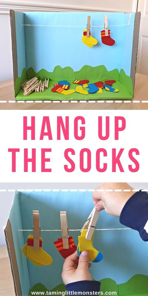 Match and Hang Up The Socks - Fine Motor Activity for Toddlers and Preschoolers. Perfect for helping kids develop fine motor skills. #finemotor #toddler #preschool #kindergarten Fine Motor Skills Age 3, Practical Life Preschool, Up And Down Activity For Preschool, Pre K Motor Skills Activities, Activities About Manners For Preschool, Boat Fine Motor Activities, Language Literacy Activities Toddlers, Taking Care Of Yourself Preschool Activities, Kids Learning Activities For 1 Year