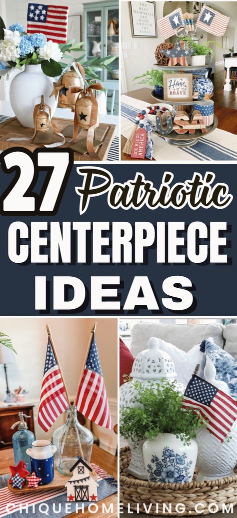 Make a bold statement this 4th of July with these 27 best patriotic centerpiece ideas! From vibrant floral arrangements to DIY crafts, find inspiration to elevate your holiday decor with red, white, and blue flair. 🇺🇸🌟 #PatrioticDecor #CenterpieceIdeas #FourthOfJuly Patriotic Table Centerpieces Diy, Veterans Day Table Centerpieces, Veterans Day Centerpieces Table Decorations, Elegant Patriotic Table Decorations, Patriotic Centerpieces Elegant, July 4 Table Decorations, Elegant Patriotic Decor, 4th Of July Arrangements, July 4th Centerpieces