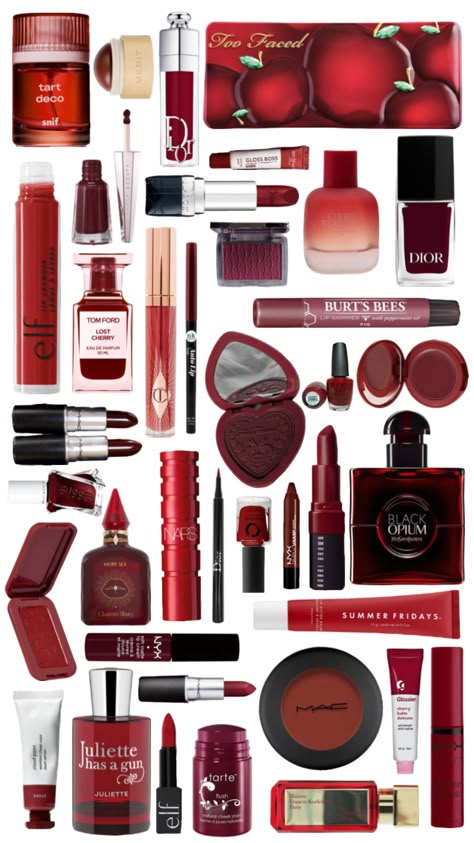 dark red makeup perfume polish #red #darkred #redaesthetic #darkredaesthetic #redmakeup #makeup #lipliner #redlipstick #dior #nyx #essie #perfume #toofaced #charlottetilbury #cherry #tomford #mac Dark Red Makeup, Dior Red Lipstick, Red Lipstick Aesthetic, Cherry Red Lipstick, Cherry Products, Lipstick Aesthetic, Cherry Lipstick, Normal Makeup, Lipstick Dark Red