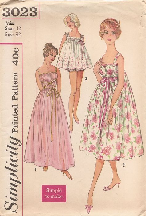 Edge Beading, Baby Doll Pajamas, Tie Belts, Doll Pajamas, Vintage Clothes Patterns, Nightgown Pattern, Pajama Pattern, Vintage Dress Patterns, Vintage Nightgown