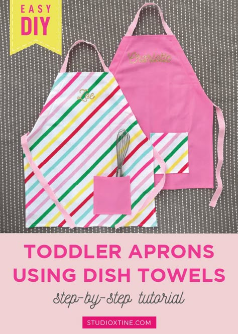 Dish Towel Aprons, Child Apron Pattern Free, Kids Apron Ideas, Diy Apron For Kids, Childs Apron Pattern Free, Free Toddler Apron Pattern, Diy Toddler Aprons Free Pattern, Patterns For Toddler Aprons, Toddler Apron Pattern Free