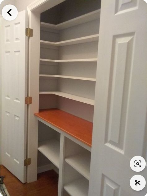 Long Narrow Pantry Closet, Pantry Conversion Ideas, Trash Can In Pantry Closet, Wallpaper Small Pantry, Hallway Closet Pantry Ideas, Double Door Pantry Shelving Ideas, Reach In Pantry With Countertop, Non Walk In Pantry Ideas, Pantry From Closet