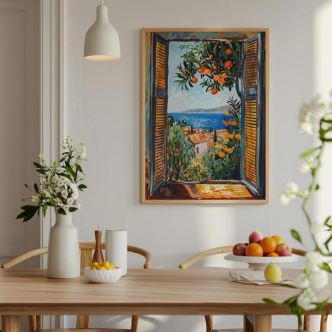 NEW in my Matisse Fauvism collection. More dreamy open window views. Transform your space with this best selling collection.🌿🌊 Discover our new posters featuring vibrant open windows to dreamy escapes (imagine opening your windows to these views 😫) These newbies ft. a lush jungle with a parrot and a serene Mediterranean coastal view complete with orange trees. 🍊🌞 #dreamyaesthetic #dreamydecor #fauvismart #matisseinspired #contemporarypainting #postercollection #artprints #dopaminedecor #prin... Art Ideas For Wall Decor, Window Painting On Wall, Painting Of A Window View, Paintings For House Decor, Trendy Wall Art Living Room, Painting Of Window, Open Window Painting, Paintings Of Windows, Windows Decoration Ideas