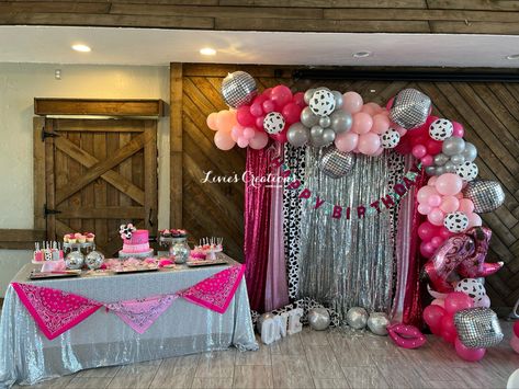 Space Cowgirl Party Centerpieces, Disco Cowgirl Birthday Party Table Decor, Cowgirl Disco Centerpiece, Sweet 16 Party Cowgirl, Rhinestone Cowgirl Party Theme, Cowgirl Theme Party Ideas, Cowgirl 50th Birthday Party, Western Disco Party Decor, Space Cowgirl Centerpiece