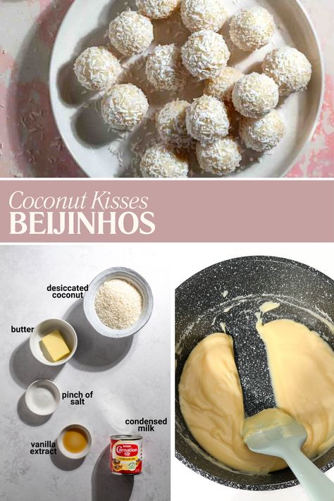 Beijinhos on a white plate. Coconut Brigadeiro Recipe, Brazilian Birthday Party Food, Brazilian Coconut Balls, Brazilian Brigadeiro Recipes, Brazilian Cookies, Brazilian Food Recipes, Coconut Kisses, Brazilian Candy, Brazilian Snacks