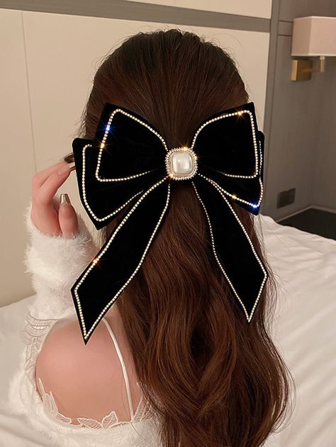 1pc Women Bow & Faux Pearl Decor Fashionable Hair Clip, For DecorationI discovered amazing products on SHEIN.com, come check them out! Elegance Hair, Black Hair Bows, Big Hair Bows, Bow Hairstyle, Rhinestone Hair Clip, Peinados Fáciles Para Cabello Corto, French Hair, Pearl Hair Clip, Hair Accessories Clips