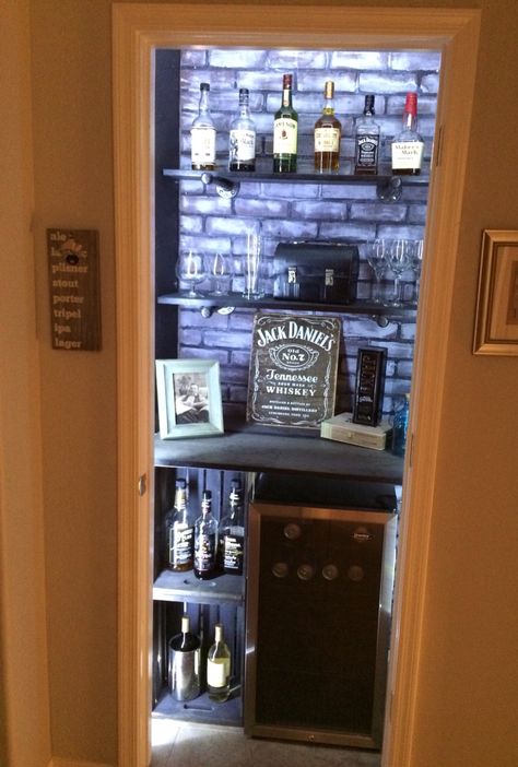 Hall closet turned into a bar Hallway Bar Ideas, Small Closet Bar Ideas, Liquor Closet Ideas, Bar Closet Ideas, Closet To Bar Conversion, Closet Into Bar, Bar In Closet, Closet Turned Into Bar, Liquor Closet