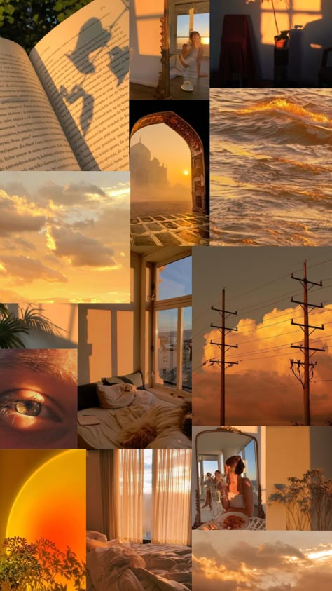 Sunset Mood Board Aesthetic, Sun Setting Aesthetic, Sunrise Mood Board, Sunshine Mood Board, Golden Mood Board, Sunset Color Aesthetic, Sunset Colors Aesthetic, Sunset Mood Board, Sunrise Aesthetic Wallpaper