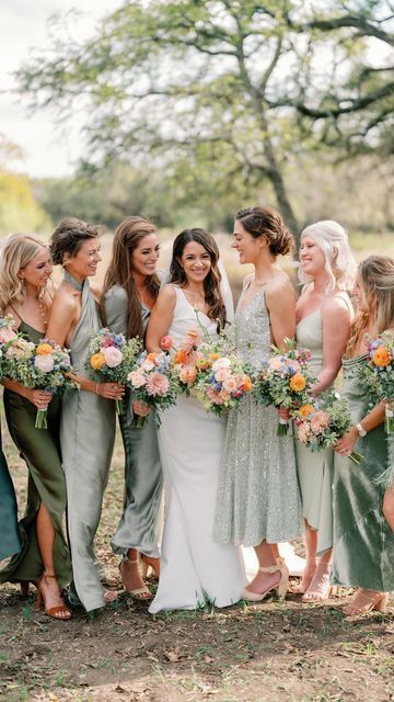 Moss Green Bridesmaid Dresses Color Schemes, Variety Green Bridesmaid Dresses, Boho Spring Bridesmaid Dresses, Bridesmaids Dresses Green Mismatched, Summer Sage Green Wedding, Mismatched Fabric Bridesmaid Dresses, Save Bridesmaid Dress, Willow Green Bridesmaid Dresses, Sage Green Bridesmaid Dresses Colorful Flowers